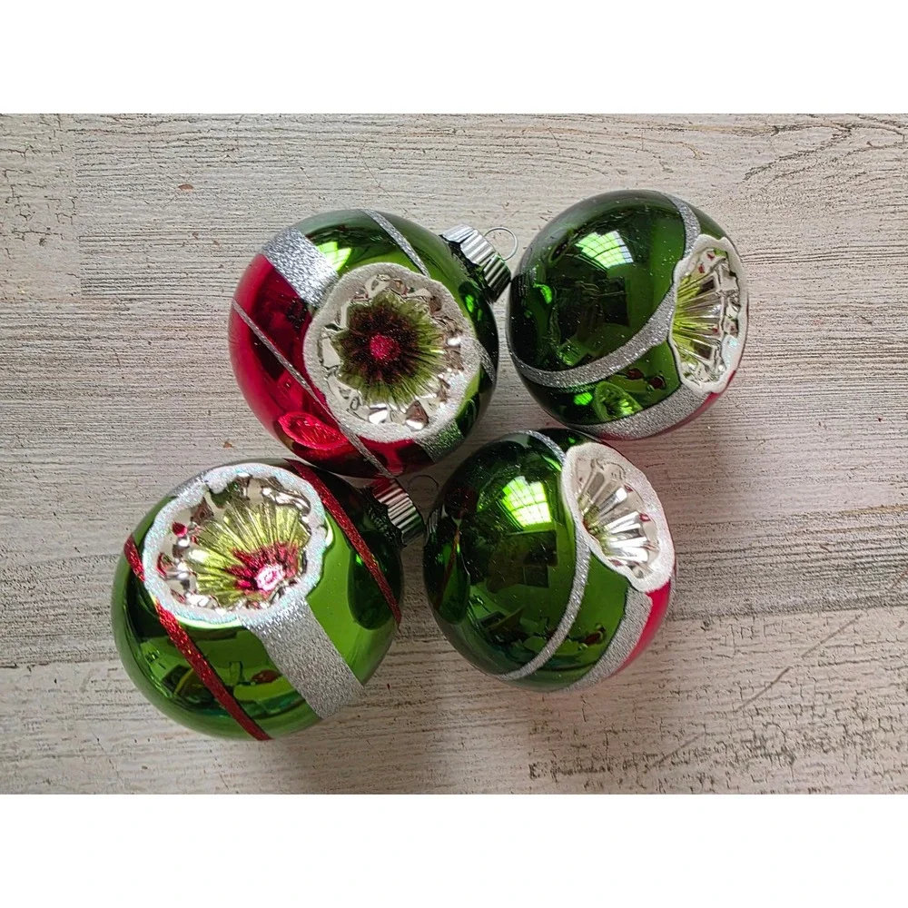 Radko indent glitter Red Green set ornament Xmas tree